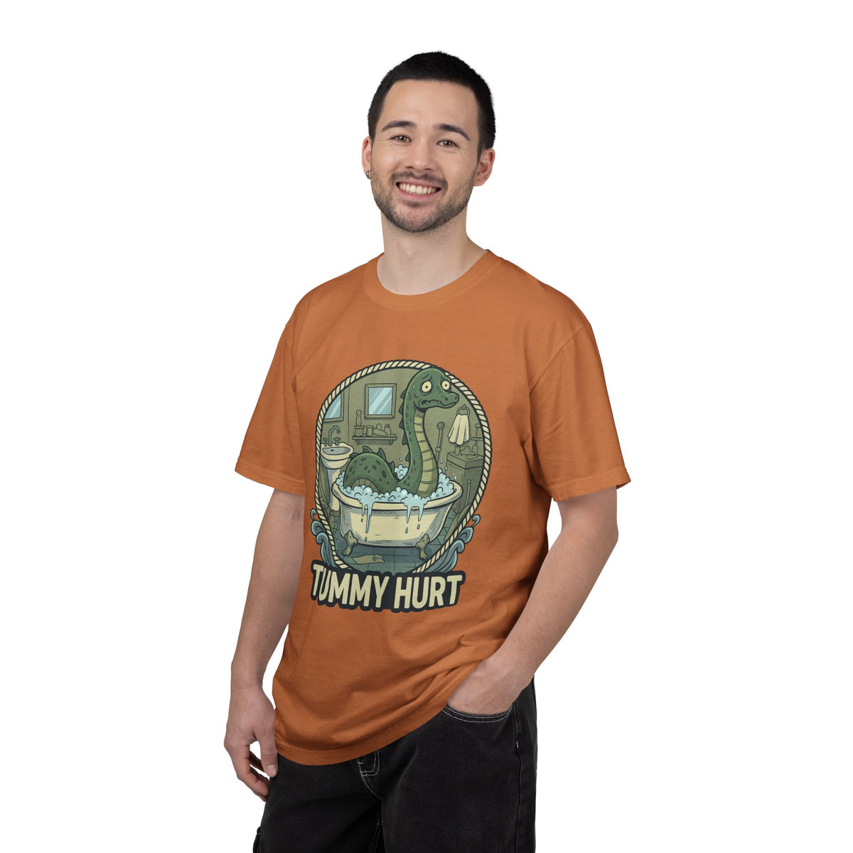 Tummy Hurt Loch Ness Monster bathing in tub T-Shirt | Funny Nessie Illustration