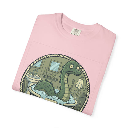 Tummy Hurt Loch Ness Monster bathing in tub T-Shirt | Funny Nessie Illustration