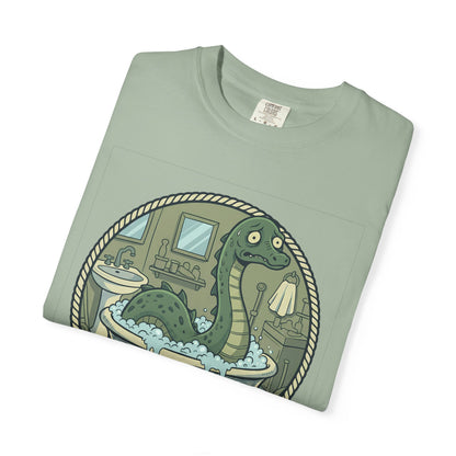 Tummy Hurt Loch Ness Monster bathing in tub T-Shirt | Funny Nessie Illustration