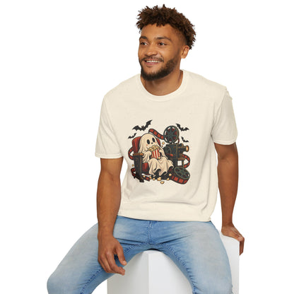 Halloween Movie Night T-Shirt | Cozy Ghost Cinema Art