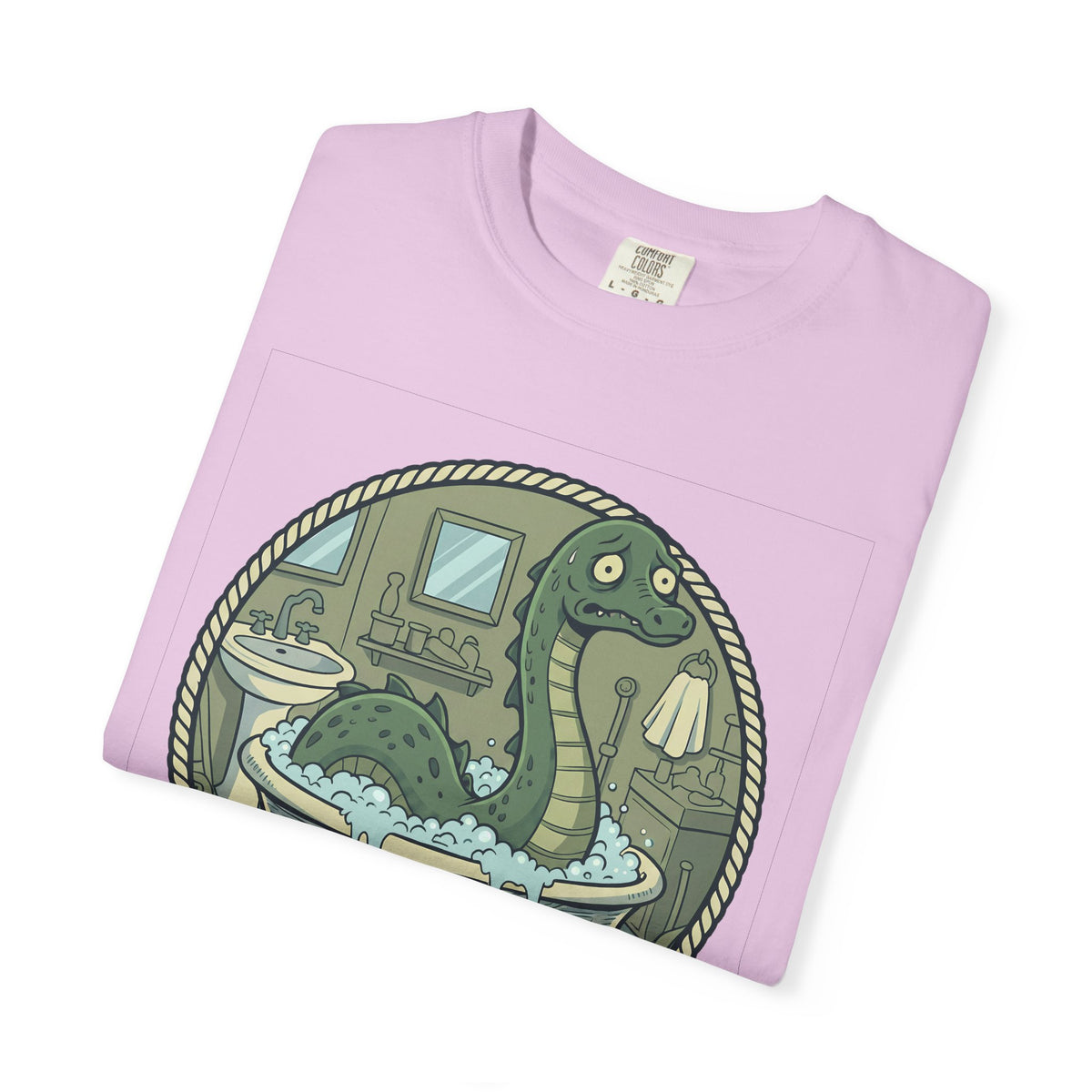 Tummy Hurt Loch Ness Monster bathing in tub T-Shirt | Funny Nessie Illustration