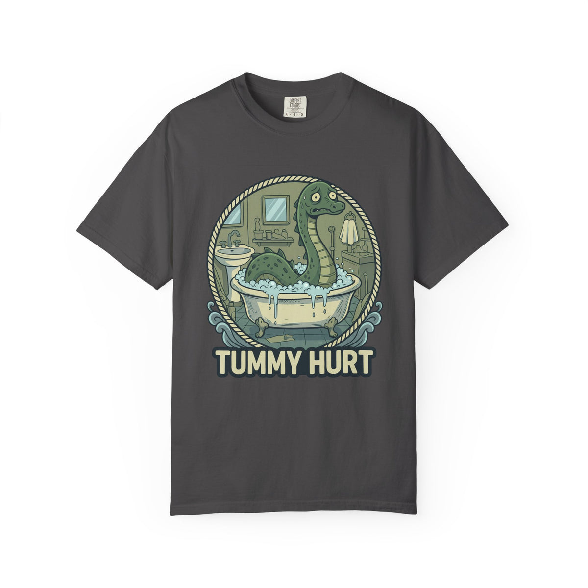 Tummy Hurt Loch Ness Monster bathing in tub T-Shirt | Funny Nessie Illustration