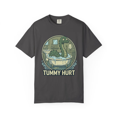 Tummy Hurt Loch Ness Monster bathing in tub T-Shirt | Funny Nessie Illustration