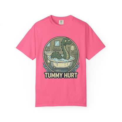 Tummy Hurt Loch Ness Monster bathing in tub T-Shirt | Funny Nessie Illustration