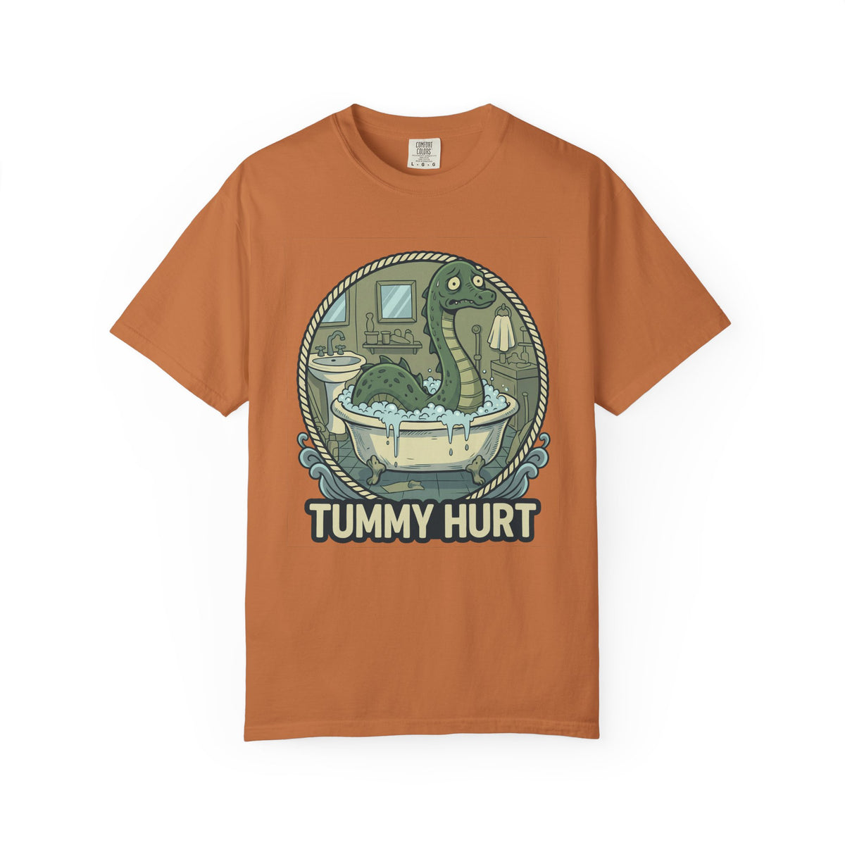 Tummy Hurt Loch Ness Monster bathing in tub T-Shirt | Funny Nessie Illustration