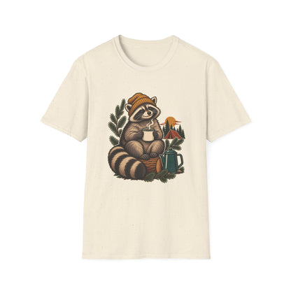 Camping Coffee T-Shirt | Cozy Raccoon Campsite Art