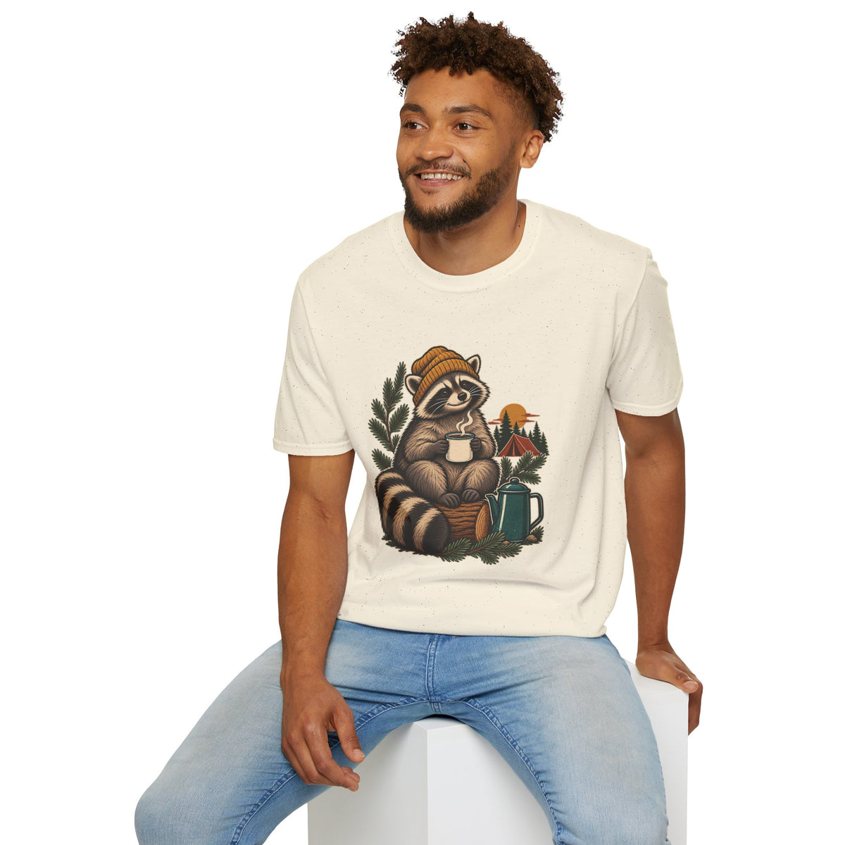 Camping Coffee T-Shirt | Cozy Raccoon Campsite Art