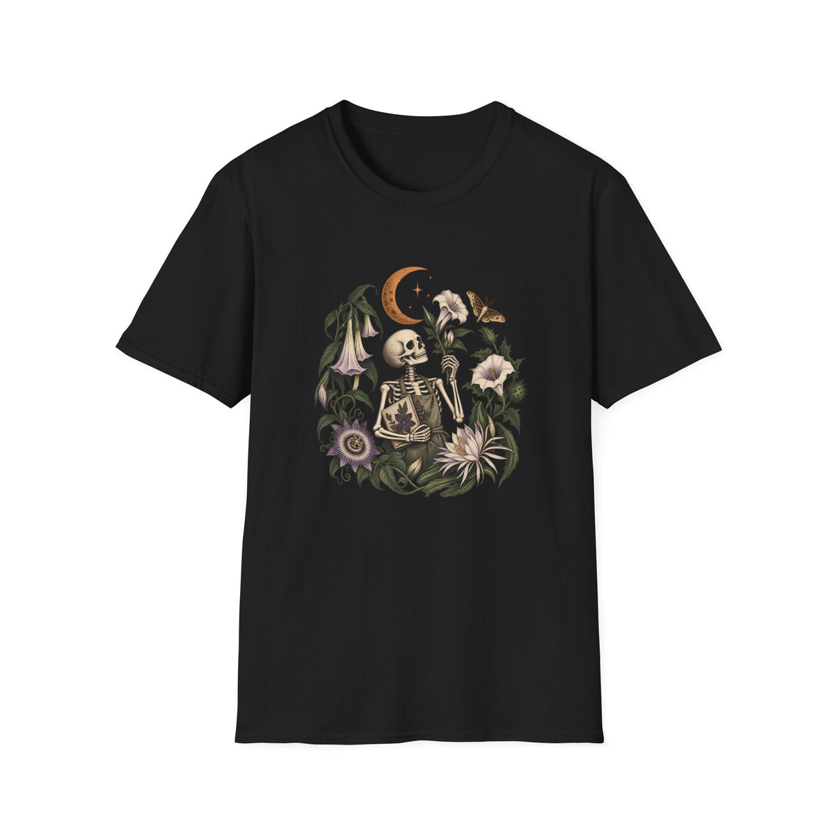 Gothic Gardener T-Shirt | Skeleton and Night-Blooming Flowers