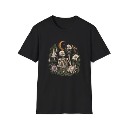 Gothic Gardener T-Shirt | Skeleton and Night-Blooming Flowers