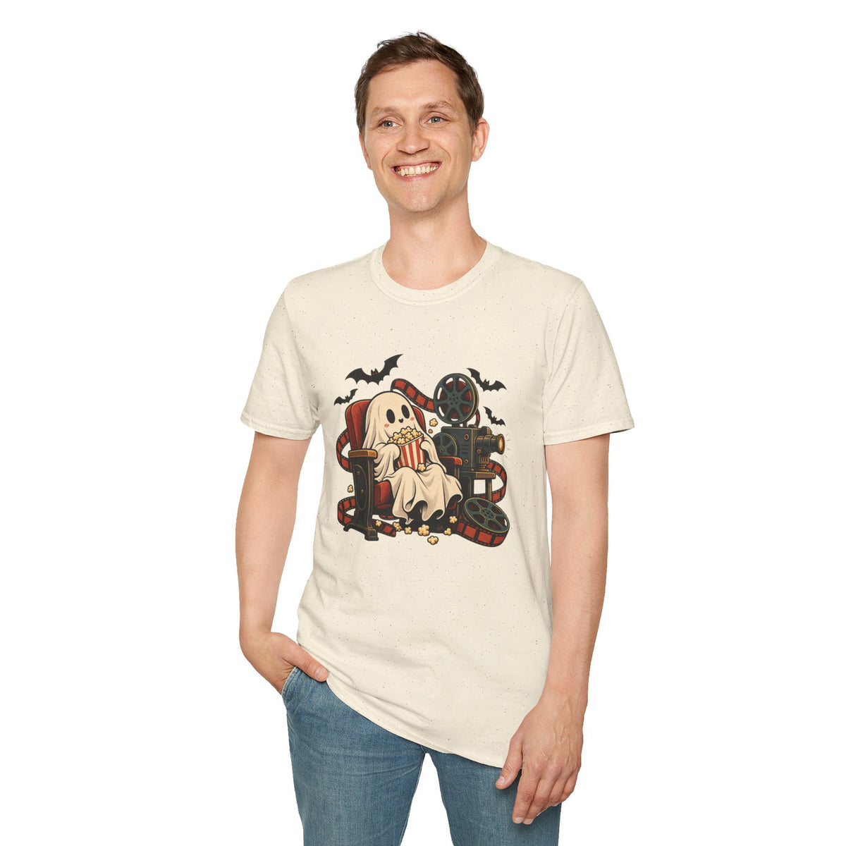 Halloween Movie Night T-Shirt | Cozy Ghost Cinema Art