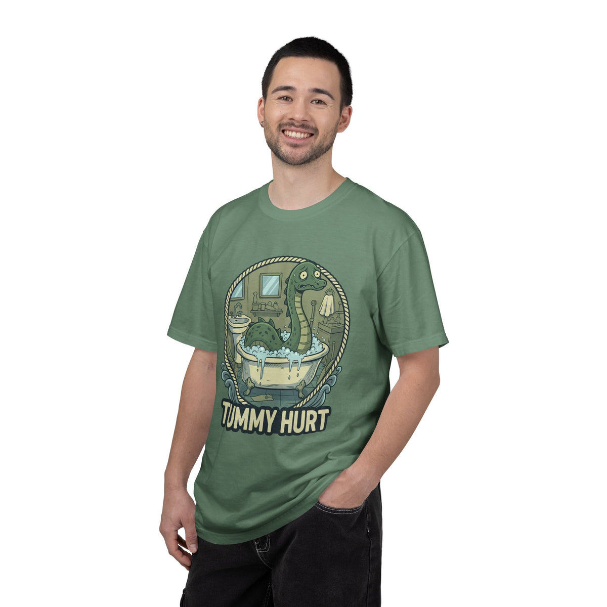 Tummy Hurt Loch Ness Monster bathing in tub T-Shirt | Funny Nessie Illustration