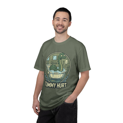 Tummy Hurt Loch Ness Monster bathing in tub T-Shirt | Funny Nessie Illustration