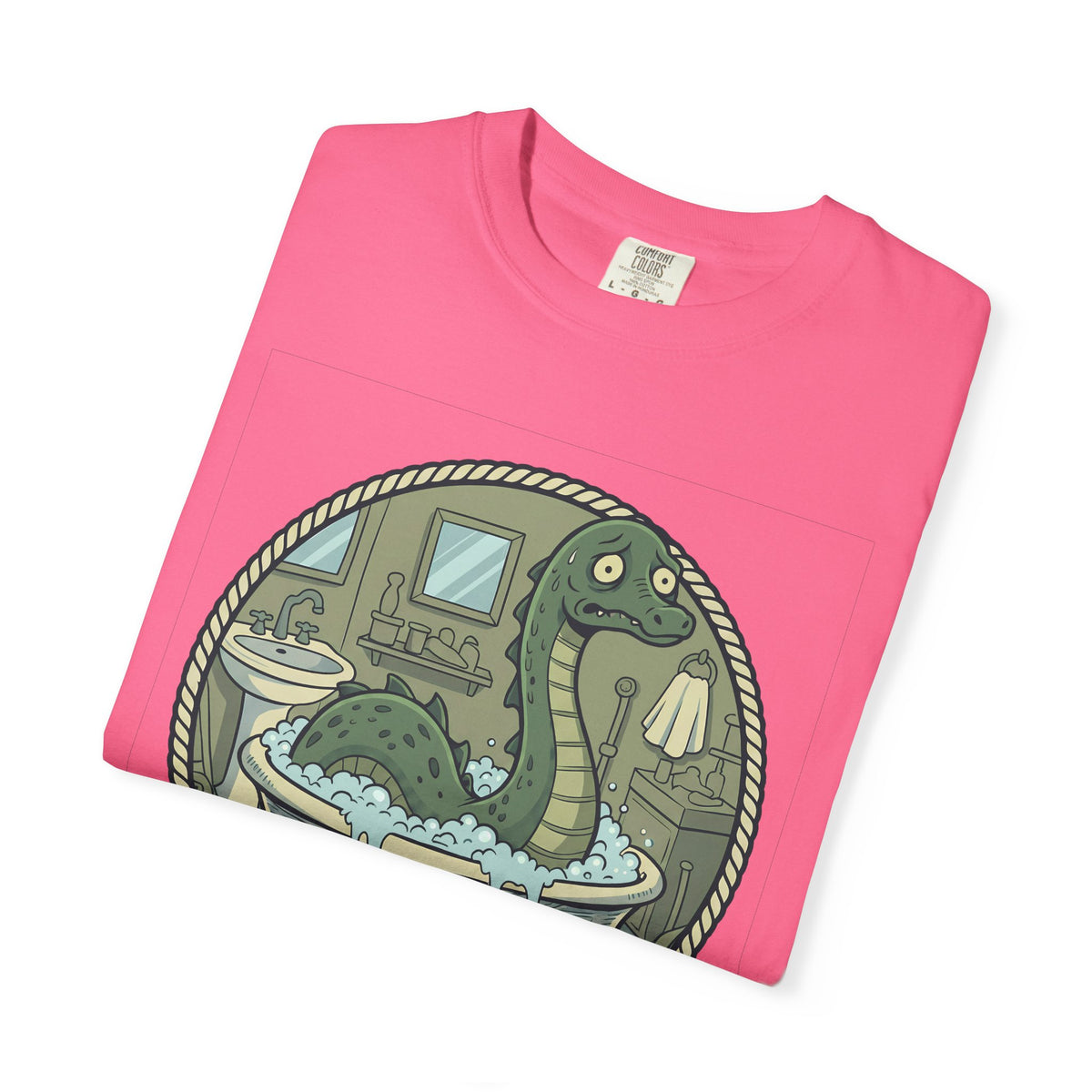 Tummy Hurt Loch Ness Monster bathing in tub T-Shirt | Funny Nessie Illustration