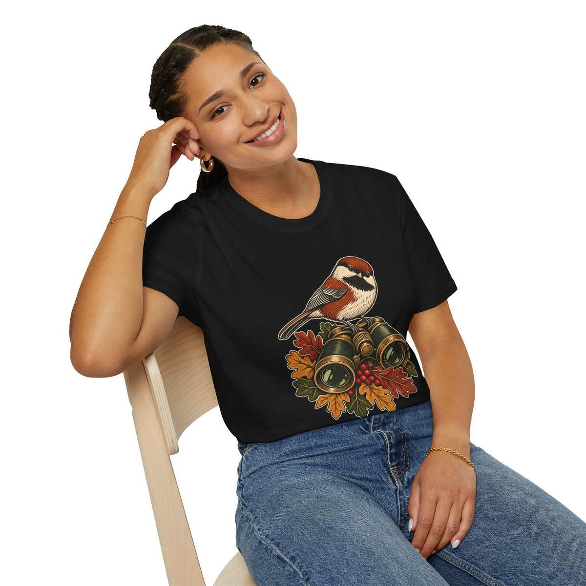 Birdwatcher T-Shirt | Chickadee and Vintage Binoculars Art