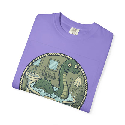 Tummy Hurt Loch Ness Monster bathing in tub T-Shirt | Funny Nessie Illustration
