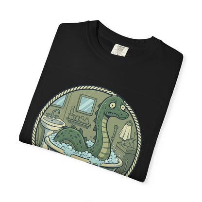 Tummy Hurt Loch Ness Monster bathing in tub T-Shirt | Funny Nessie Illustration