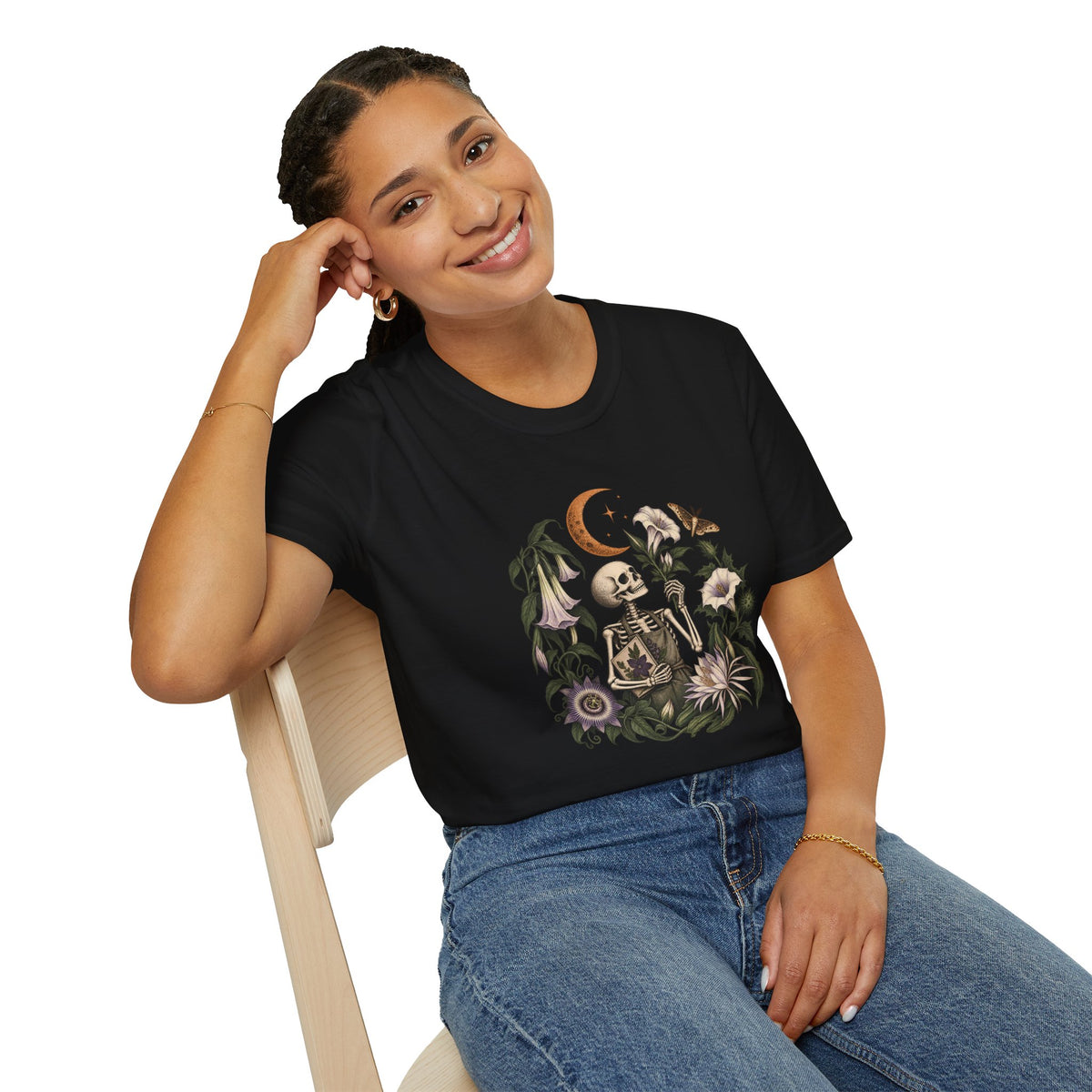 Gothic Gardener T-Shirt | Skeleton and Night-Blooming Flowers