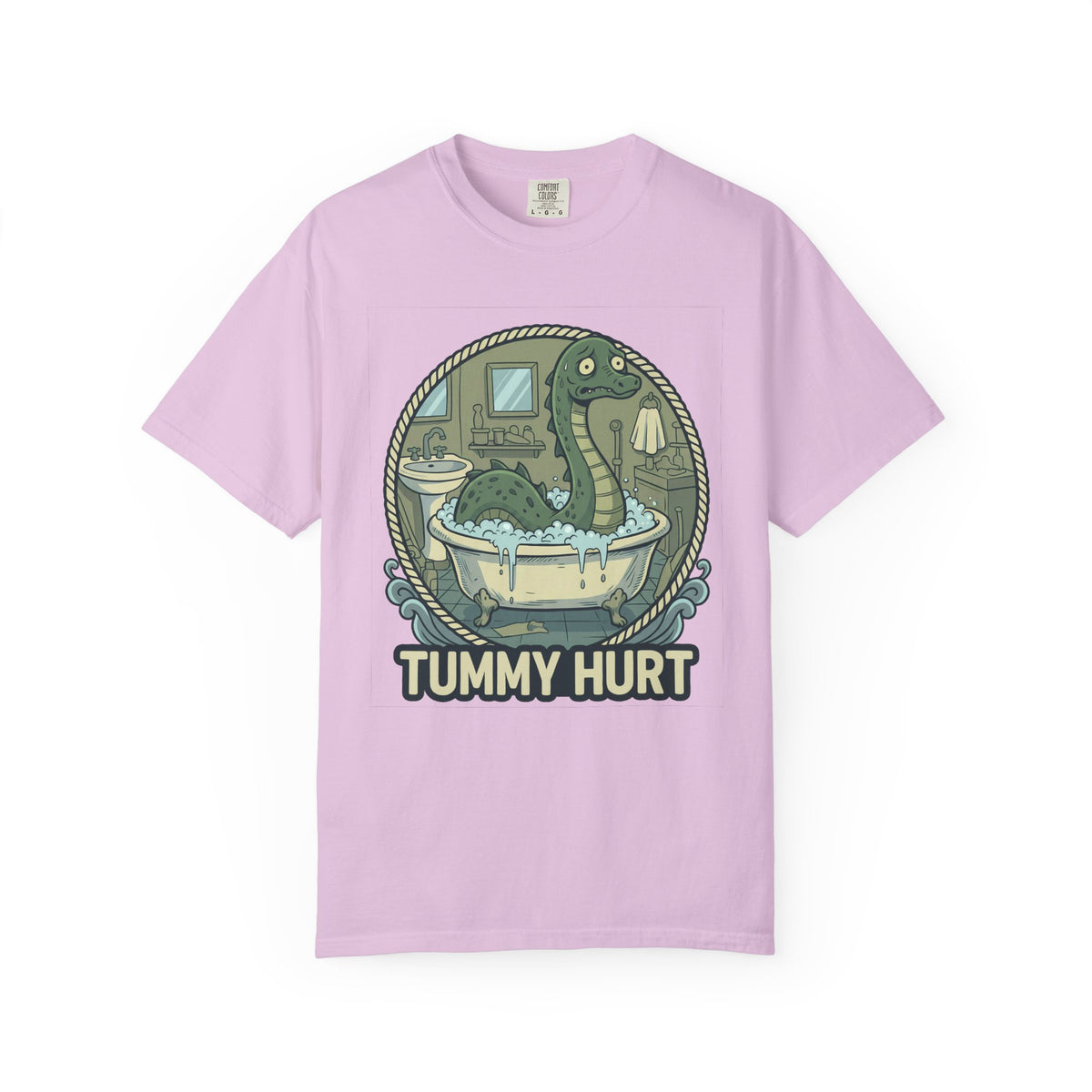 Tummy Hurt Loch Ness Monster bathing in tub T-Shirt | Funny Nessie Illustration