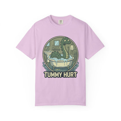 Tummy Hurt Loch Ness Monster bathing in tub T-Shirt | Funny Nessie Illustration