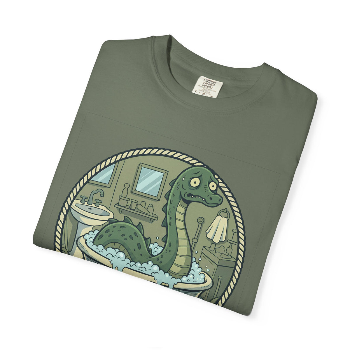 Tummy Hurt Loch Ness Monster bathing in tub T-Shirt | Funny Nessie Illustration
