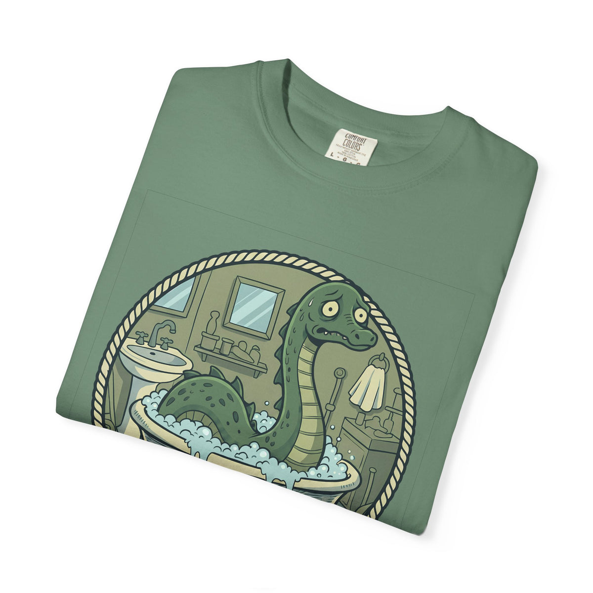 Tummy Hurt Loch Ness Monster bathing in tub T-Shirt | Funny Nessie Illustration