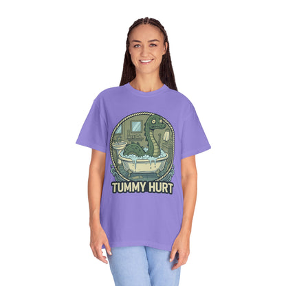 Tummy Hurt Loch Ness Monster bathing in tub T-Shirt | Funny Nessie Illustration