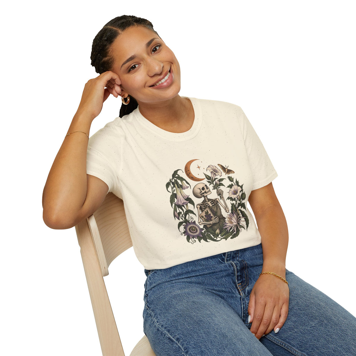 Gothic Gardener T-Shirt | Skeleton and Night-Blooming Flowers