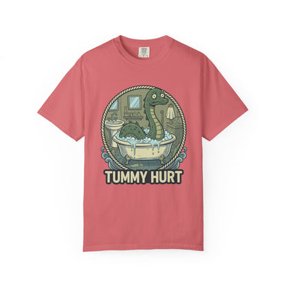 Tummy Hurt Loch Ness Monster bathing in tub T-Shirt | Funny Nessie Illustration