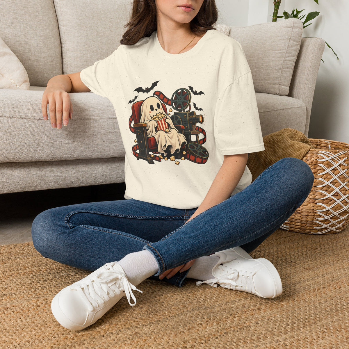 Halloween Movie Night T-Shirt | Cozy Ghost Cinema Art