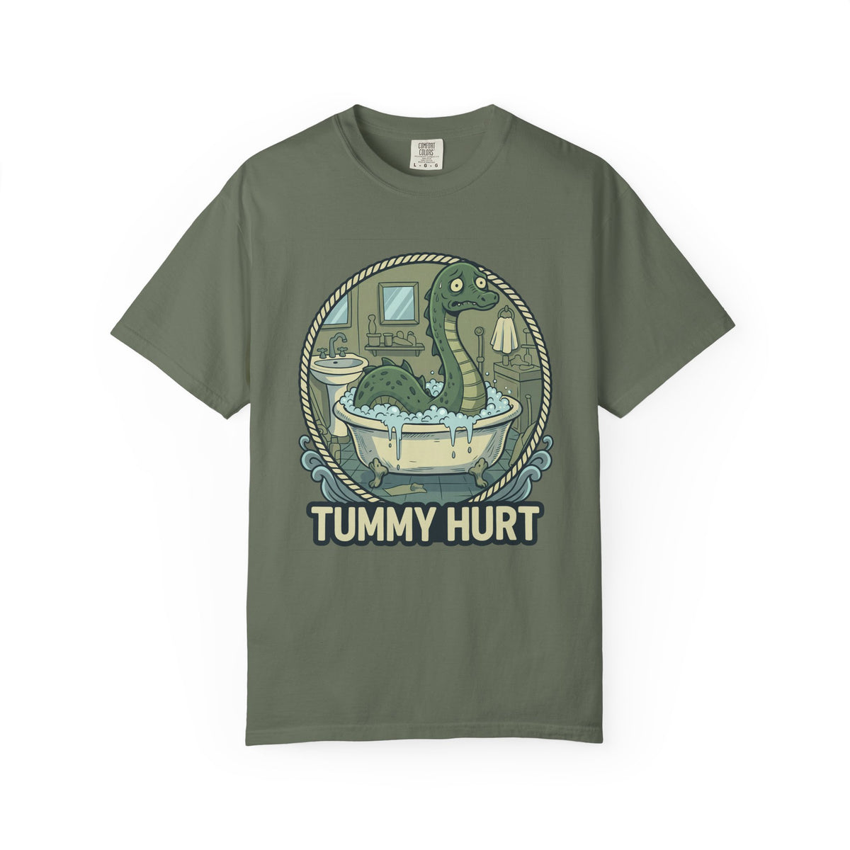 Tummy Hurt Loch Ness Monster bathing in tub T-Shirt | Funny Nessie Illustration