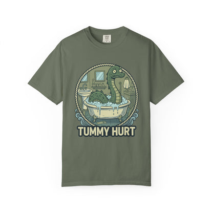 Tummy Hurt Loch Ness Monster bathing in tub T-Shirt | Funny Nessie Illustration
