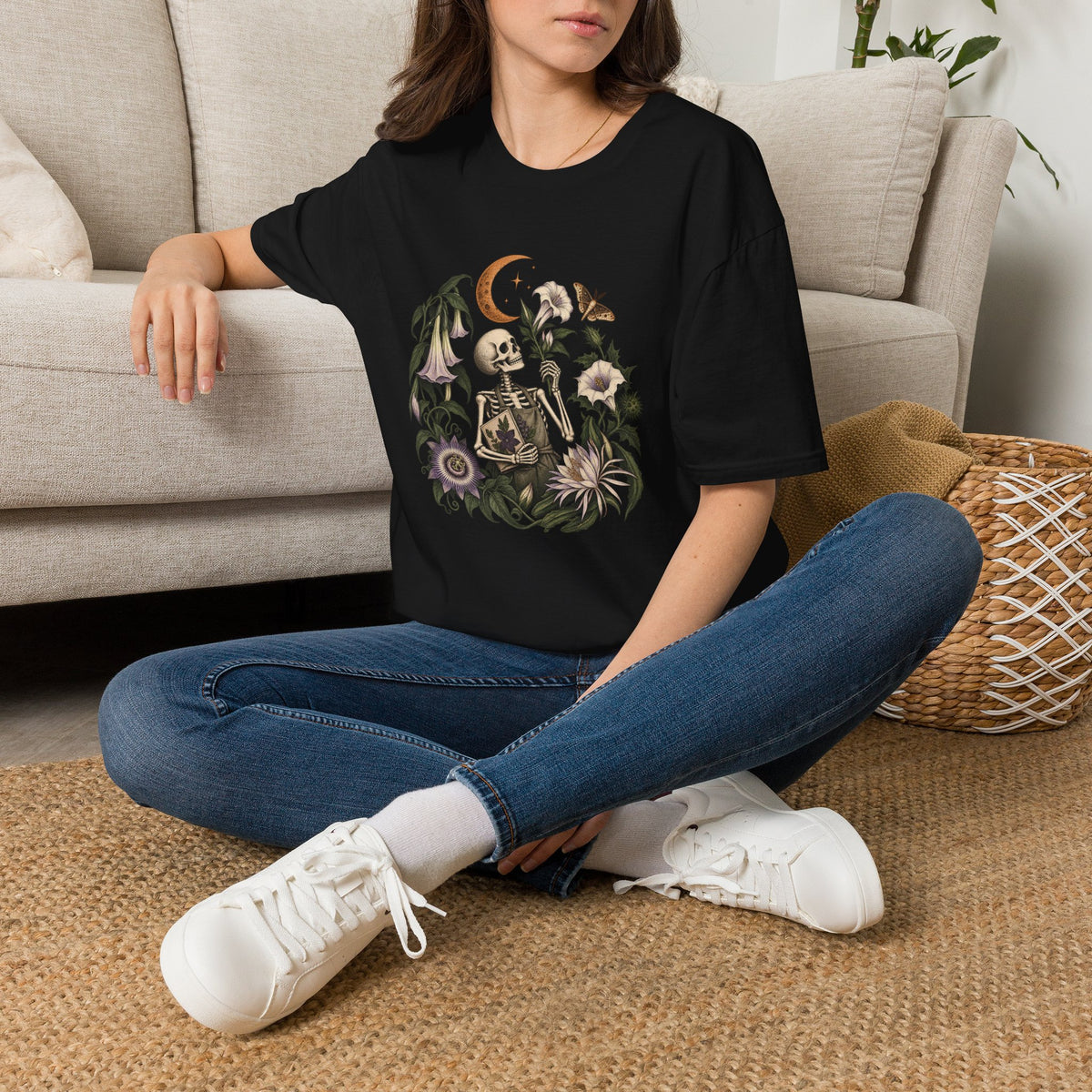 Gothic Gardener T-Shirt | Skeleton and Night-Blooming Flowers