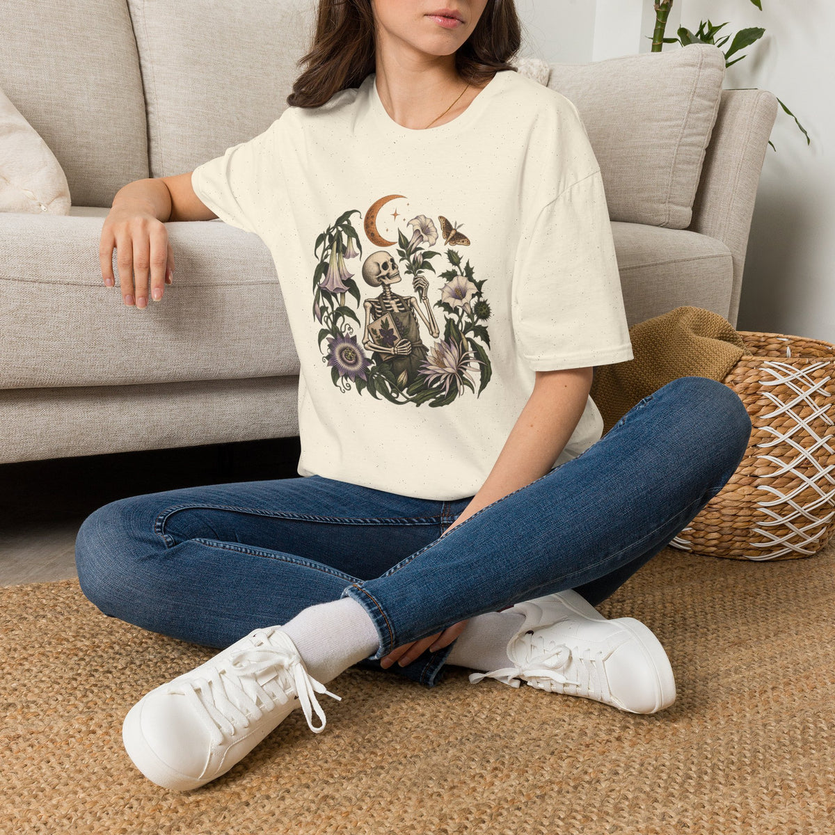 Gothic Gardener T-Shirt | Skeleton and Night-Blooming Flowers