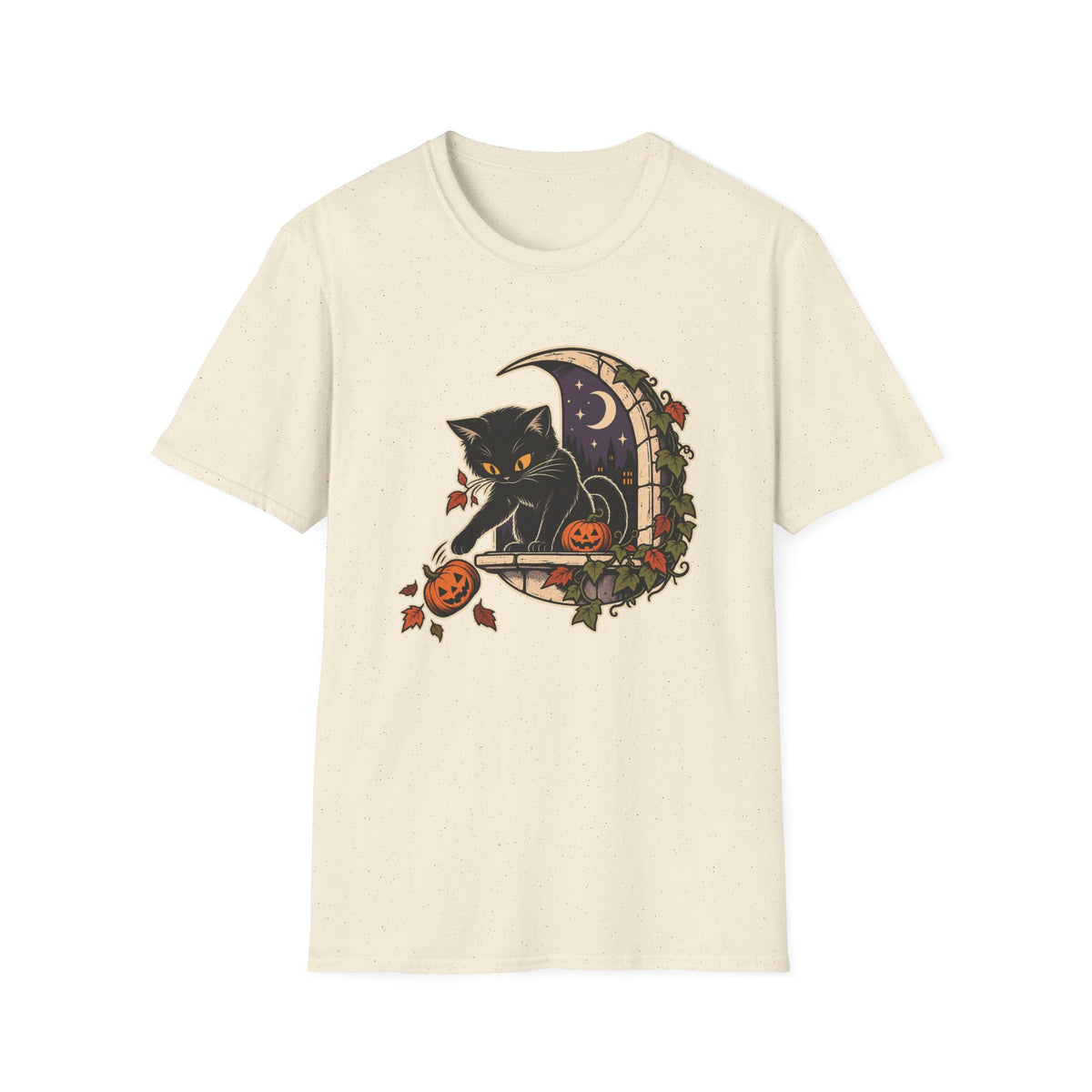 Halloween Black Cat T-Shirt | Mischievous Moonlit Window Art