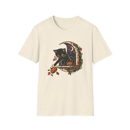 Halloween Black Cat T-Shirt | Mischievous Moonlit Window Art