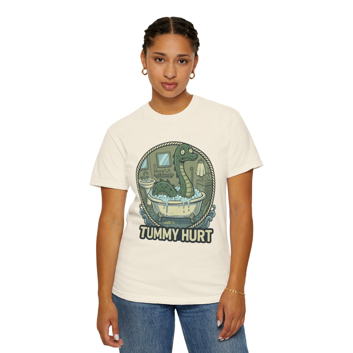 Tummy Hurt Loch Ness Monster bathing in tub T-Shirt | Funny Nessie Illustration