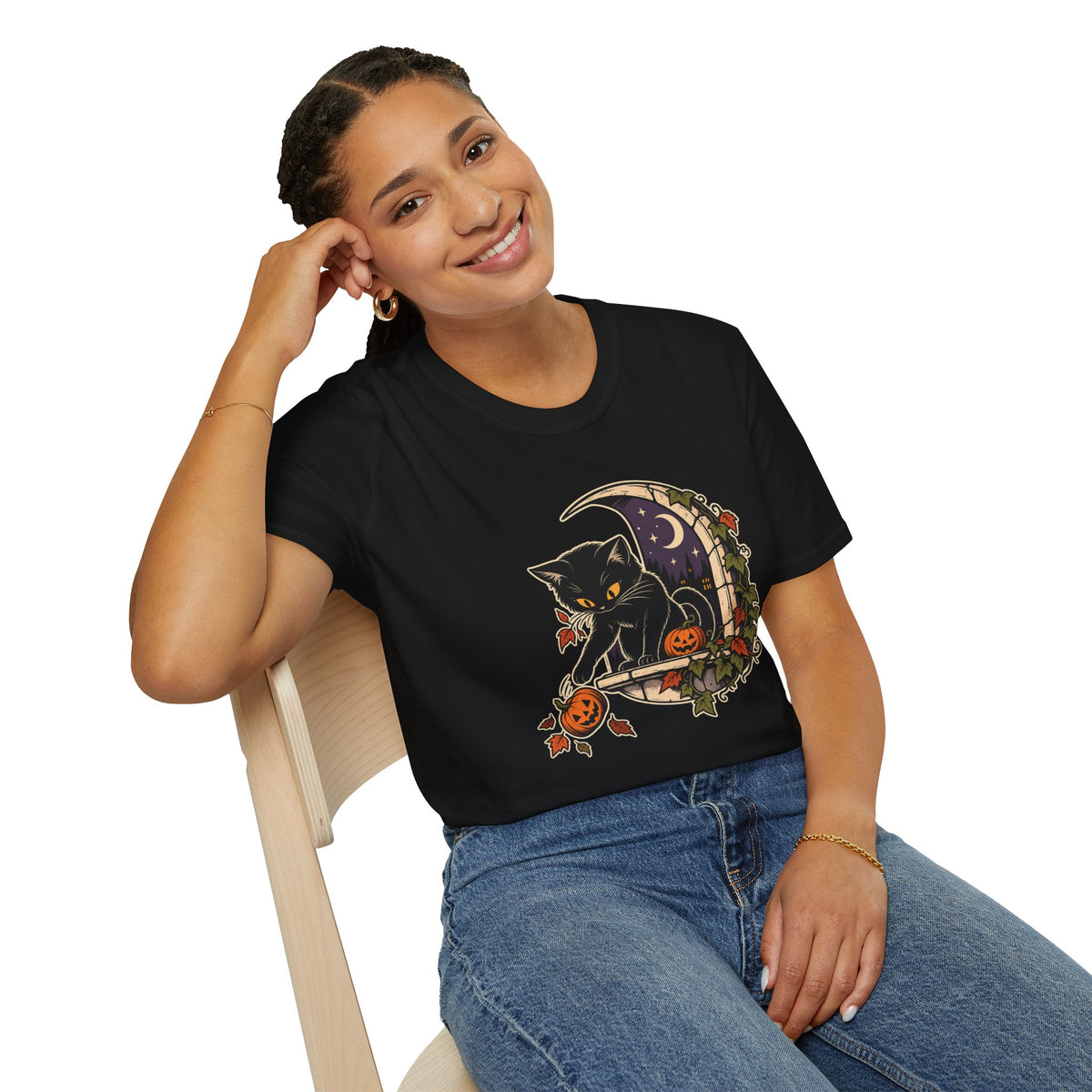 Halloween Black Cat T-Shirt | Mischievous Moonlit Window Art