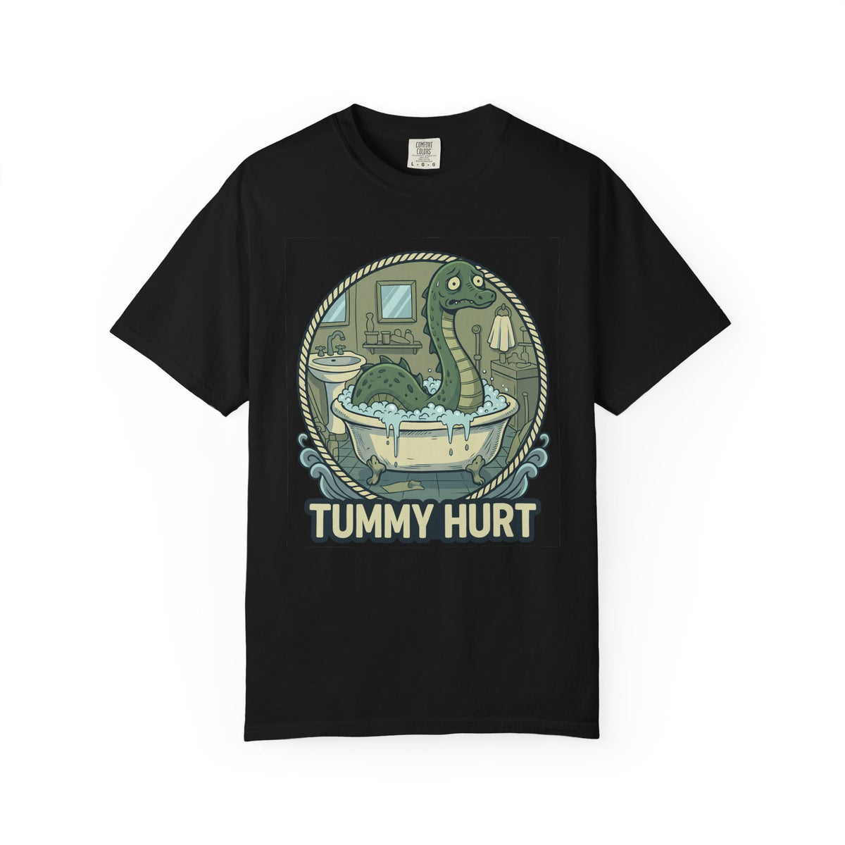 Tummy Hurt Loch Ness Monster bathing in tub T-Shirt | Funny Nessie Illustration