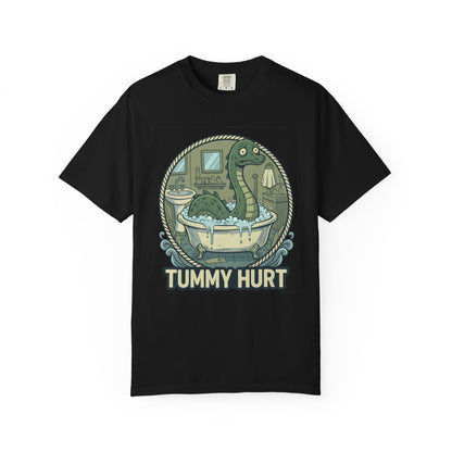 Tummy Hurt Loch Ness Monster bathing in tub T-Shirt | Funny Nessie Illustration
