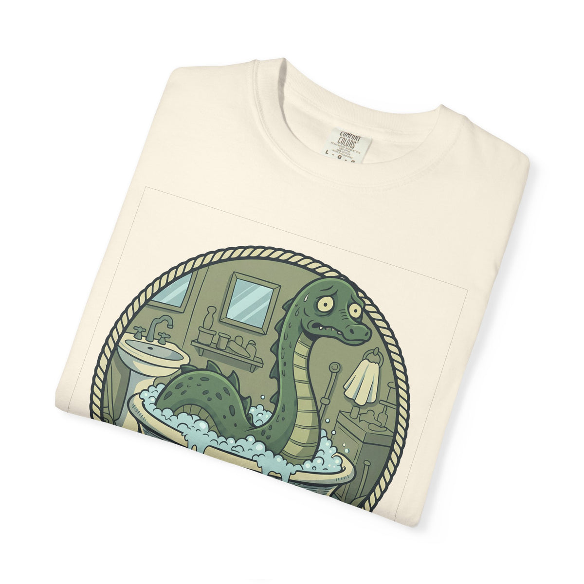Tummy Hurt Loch Ness Monster bathing in tub T-Shirt | Funny Nessie Illustration