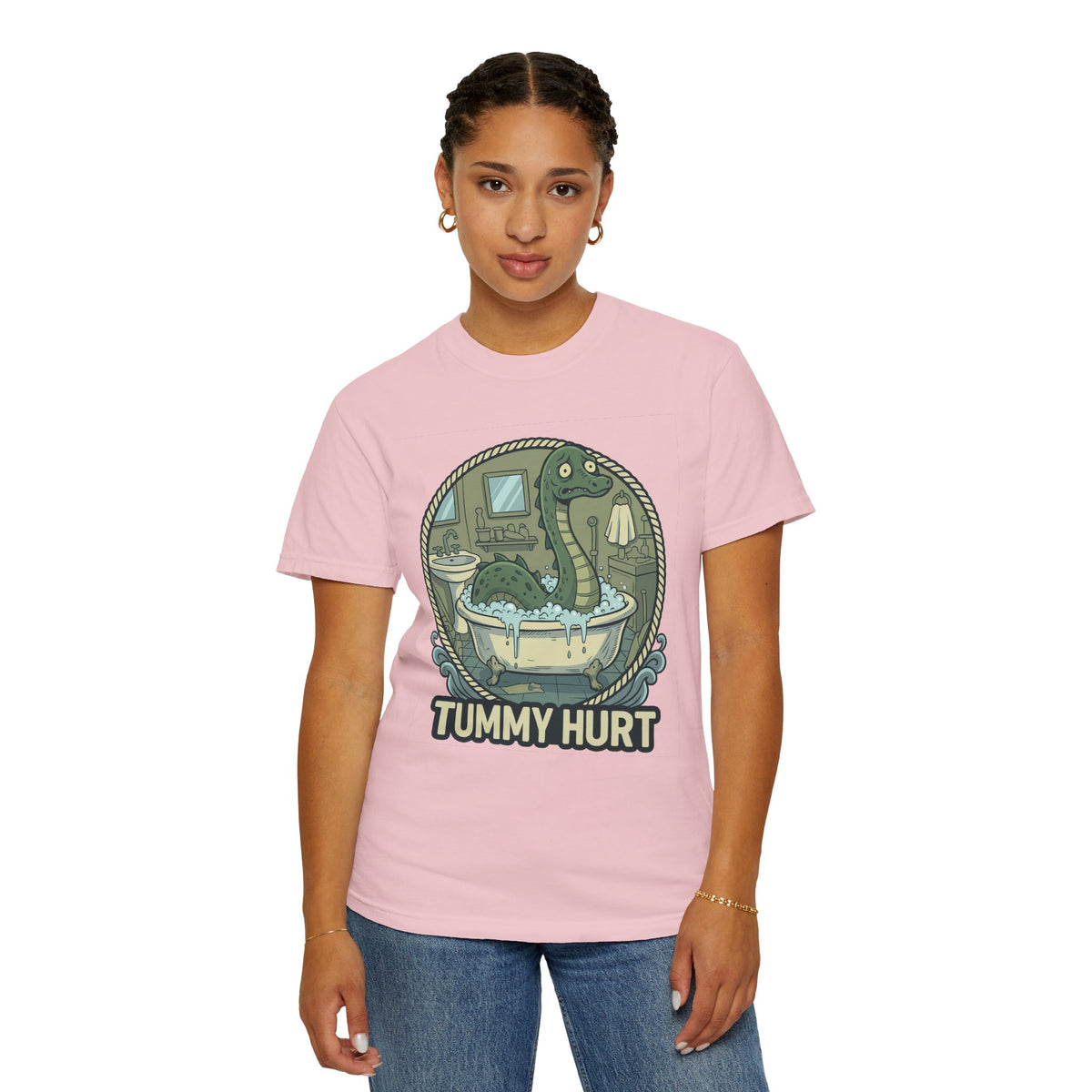 Tummy Hurt Loch Ness Monster bathing in tub T-Shirt | Funny Nessie Illustration