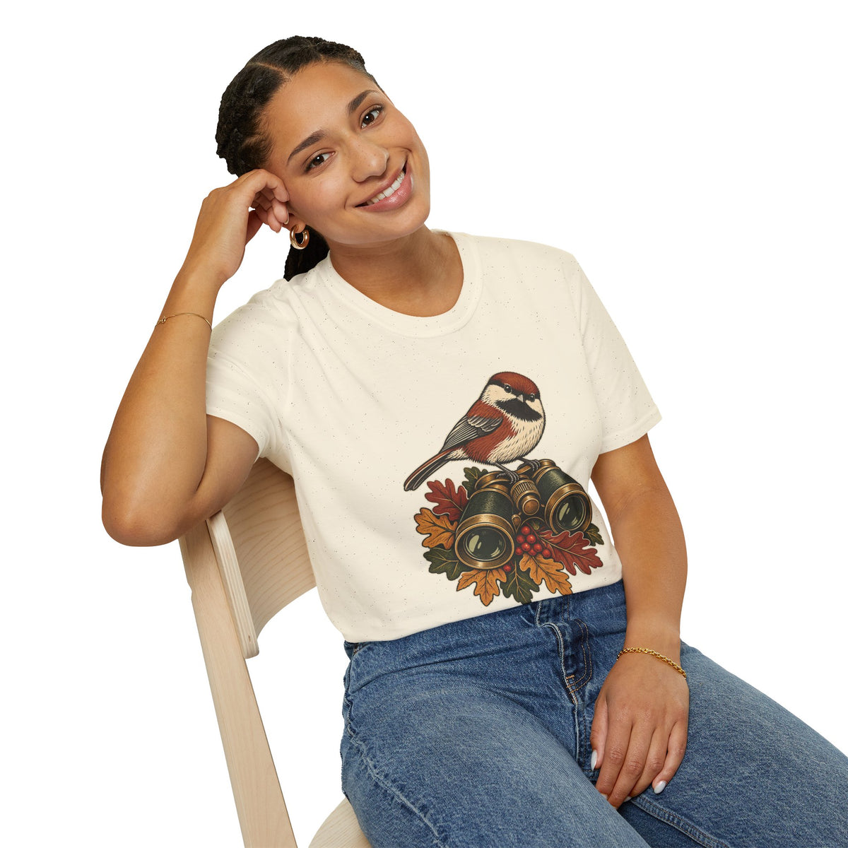 Birdwatcher T-Shirt | Chickadee and Vintage Binoculars Art