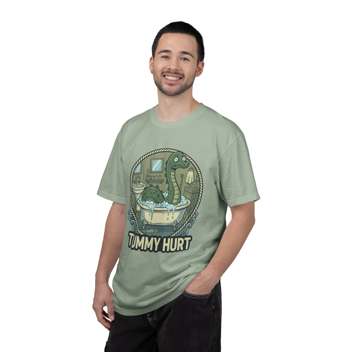 Tummy Hurt Loch Ness Monster bathing in tub T-Shirt | Funny Nessie Illustration