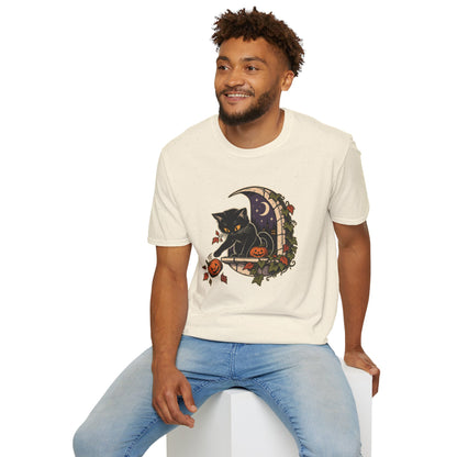 Halloween Black Cat T-Shirt | Mischievous Moonlit Window Art