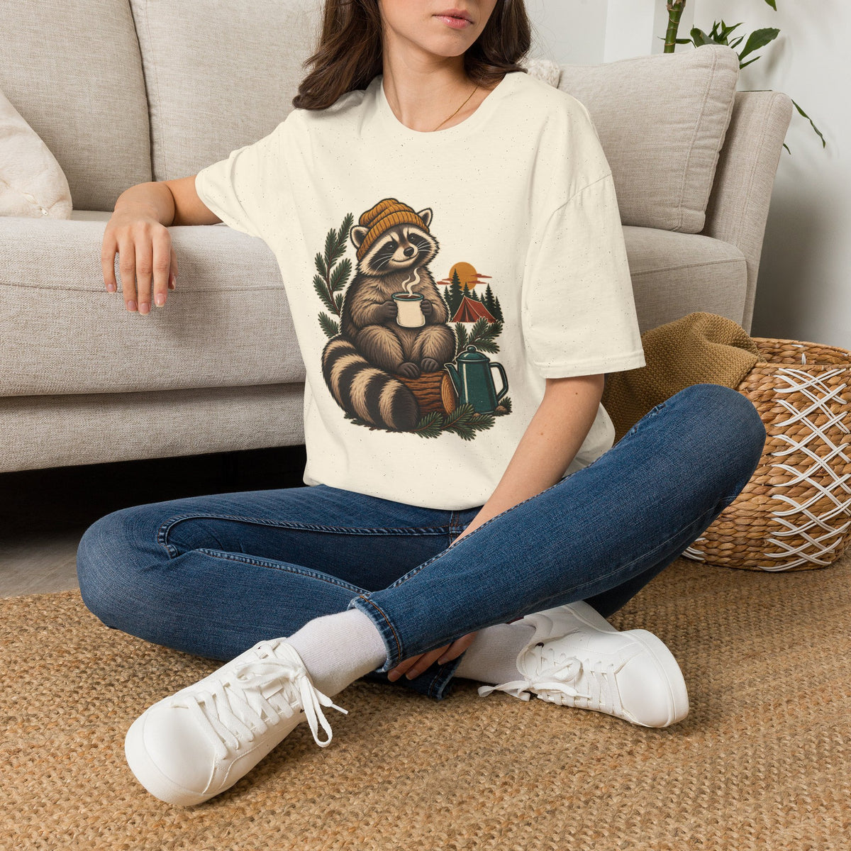 Camping Coffee T-Shirt | Cozy Raccoon Campsite Art