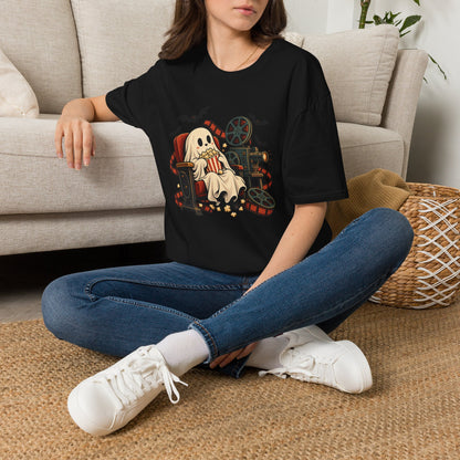 Halloween Movie Night T-Shirt | Cozy Ghost Cinema Art