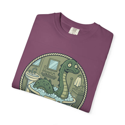 Tummy Hurt Loch Ness Monster bathing in tub T-Shirt | Funny Nessie Illustration