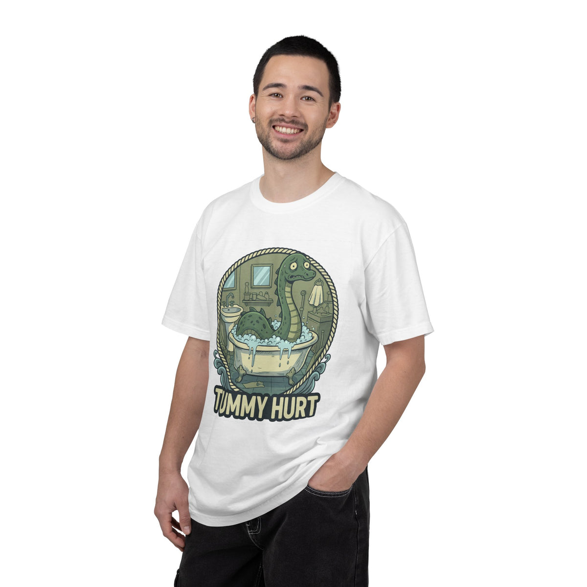 Tummy Hurt Loch Ness Monster bathing in tub T-Shirt | Funny Nessie Illustration