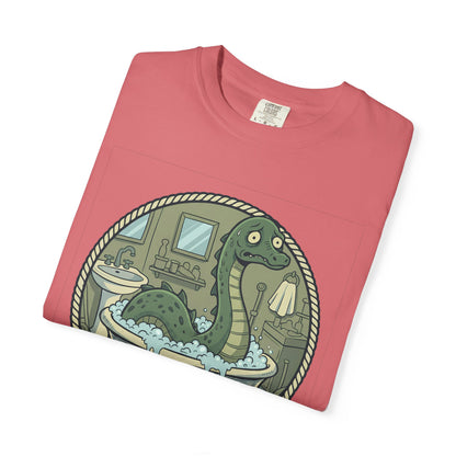 Tummy Hurt Loch Ness Monster bathing in tub T-Shirt | Funny Nessie Illustration