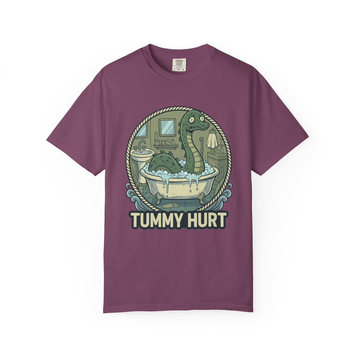 Tummy Hurt Loch Ness Monster bathing in tub T-Shirt | Funny Nessie Illustration